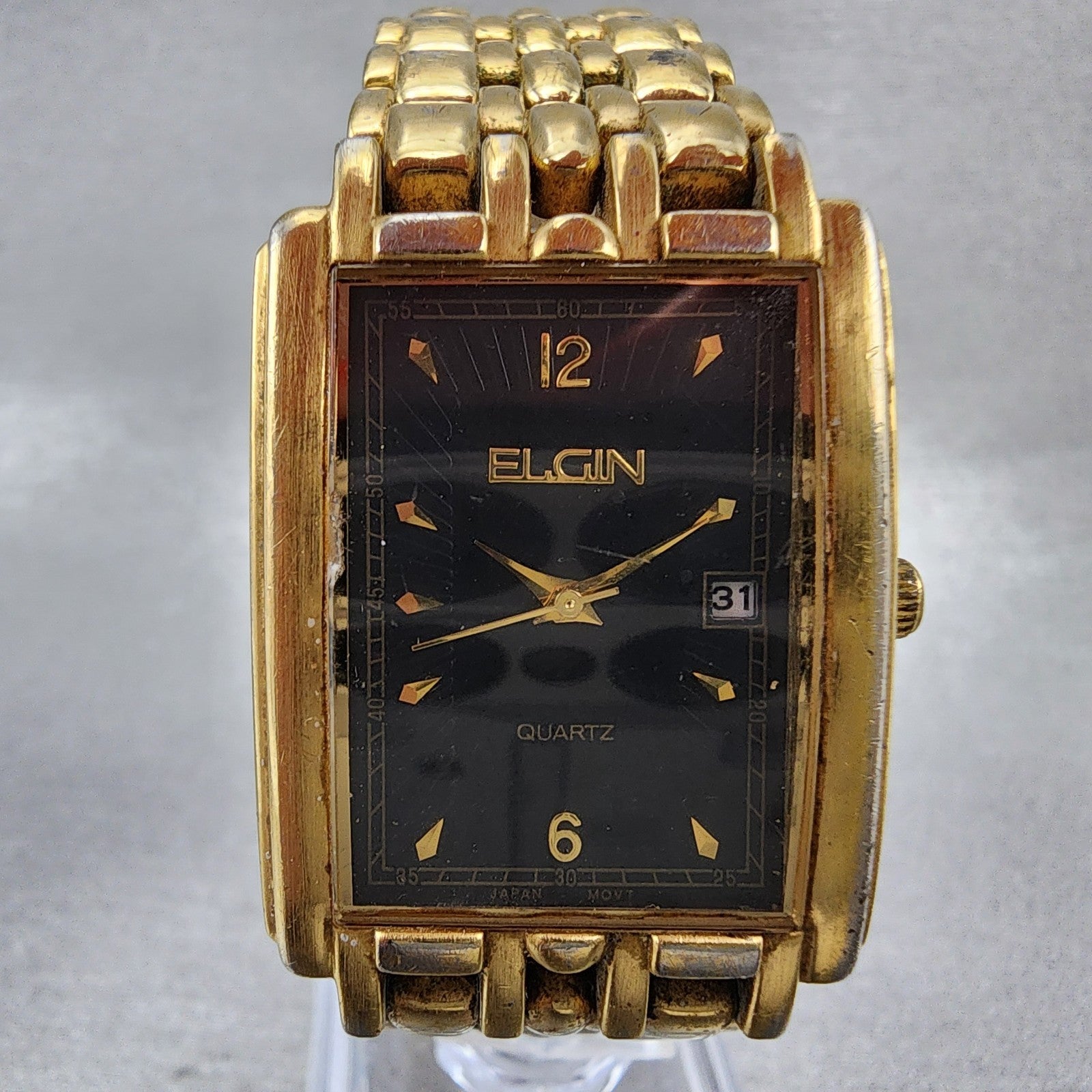 Elgin Tank Watch Men 26mm Black Dial Gold Tone 1L12 Date FMA 36 New Battery1
