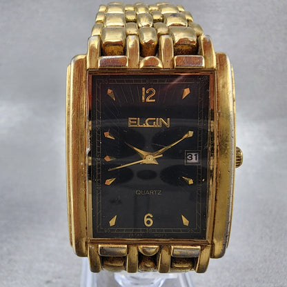 Elgin Tank Watch Men 26mm Black Dial Gold Tone 1L12 Date FMA 36 New Battery1