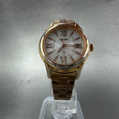 Seiko Lukia Solar Watch Women 27mm White Dial  Rose Gold Date 1B22-0AS0 Runs5