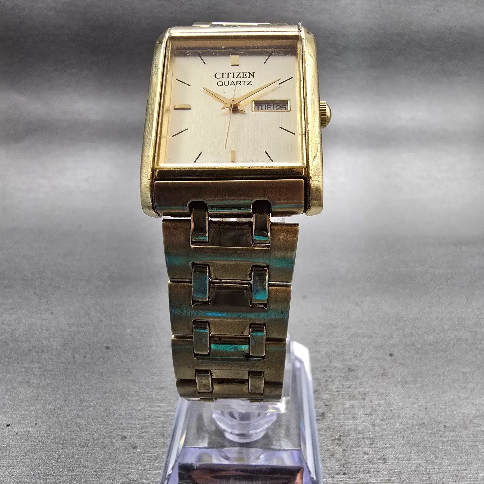 Citizen Watch Men 25mm Gold Dial Gold Tone Daydate Rectangle 1002-S99299 New Bat5