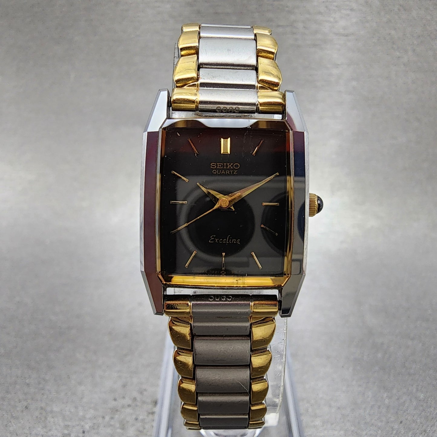Seiko Exceline Tank Watch Women 20mm Black Dial Two Tone 73215720 New Battery0