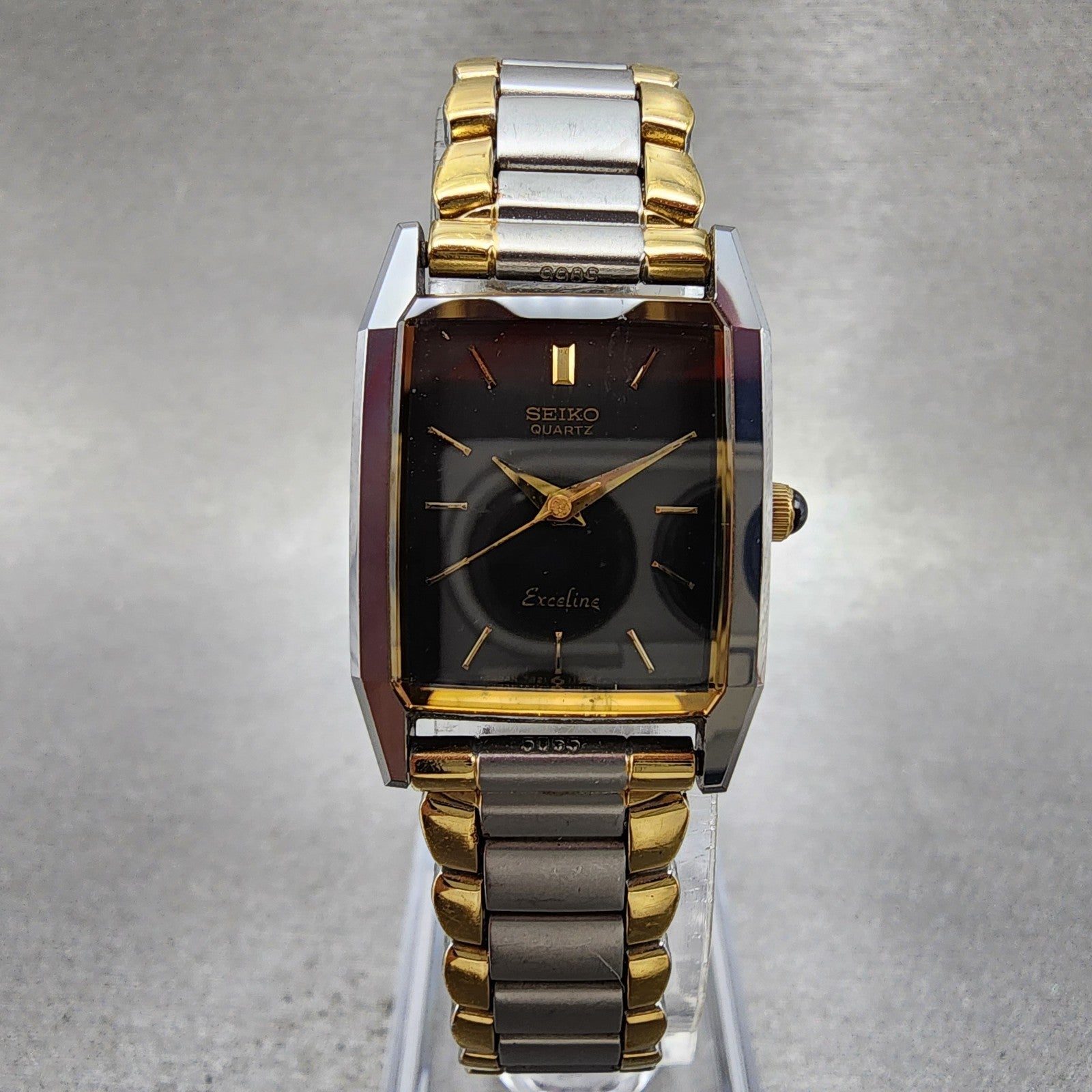 Seiko Exceline Tank Watch Women 20mm Black Dial Two Tone 73215720 New Battery0