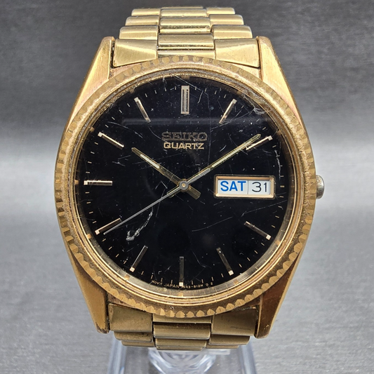 Seiko President Watch Men 36mm Black Dial Gold Tone Daydate 7N43-8111 New Batt820