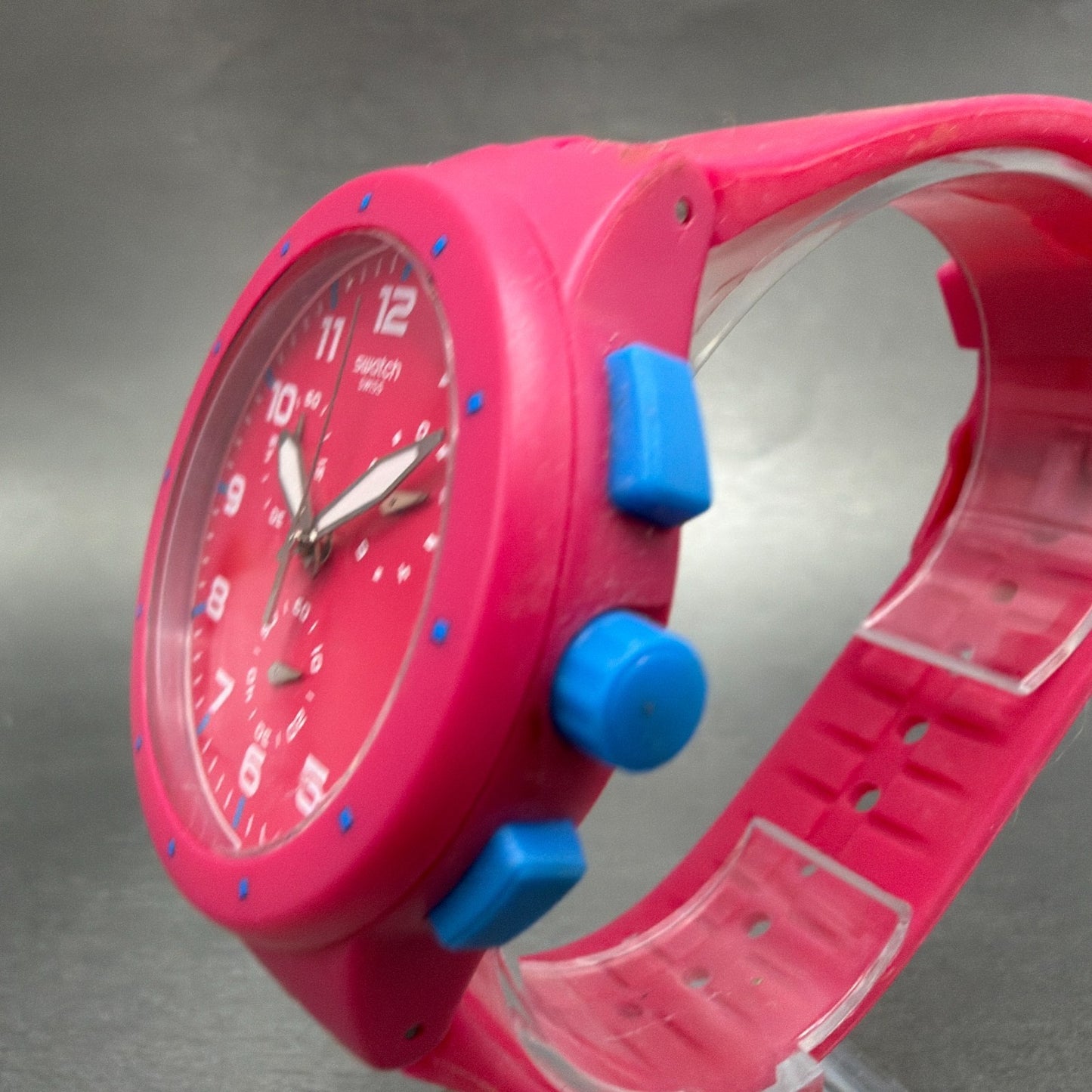 Swatch Chrono Pink Frame Watch Men 42mm Pink Dial Pink Tone Date Round New Batt2