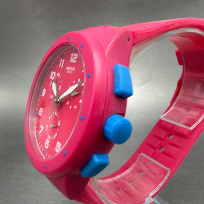 Swatch Chrono Pink Frame Watch Men 42mm Pink Dial Pink Tone Date Round New Batt2