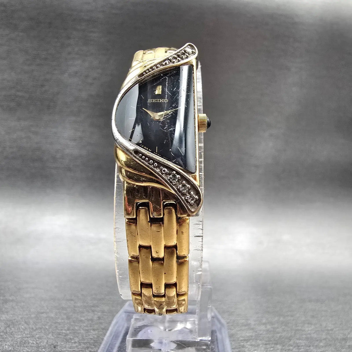 Seiko Half Moon Watch Women 14mm Black Dial Gold Diamonds Asymmetrical New Batt5