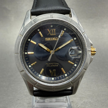 Seiko Perpetual Calendar Watch Men 38mm Black Dial Steel Date 8F32-0079 New Batt0