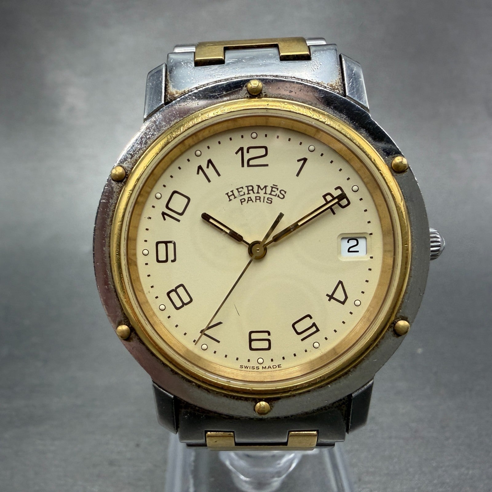 Hermès Clipper watch Men 36mm Cream Dial Two Tone Date Round 751009 New Battery0