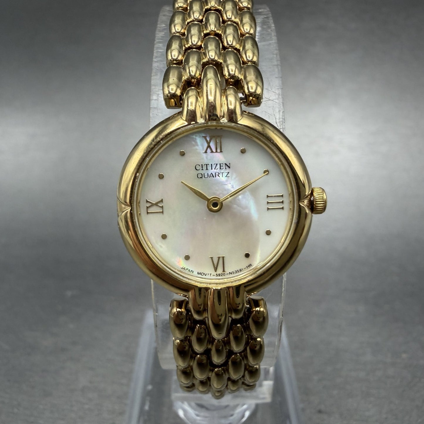 Citizen CQ Watch Women 20mm MOP Dial Gold Tone Round 5920-S49577 New Battery0