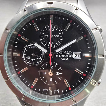 Seiko Pulsar Chronograph Watch Men 40mm Black Dial Silver Tone YM92-X181 New Bat1