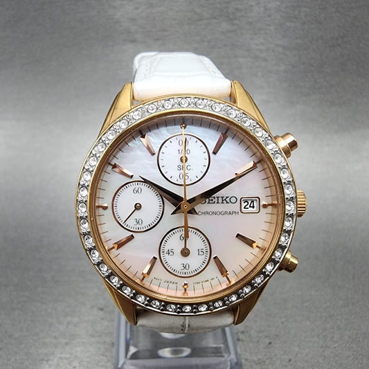 Seiko Chronograph Watch Women 34mm MOP Dial Gold Tone Date 7t920mz0 New Battery0