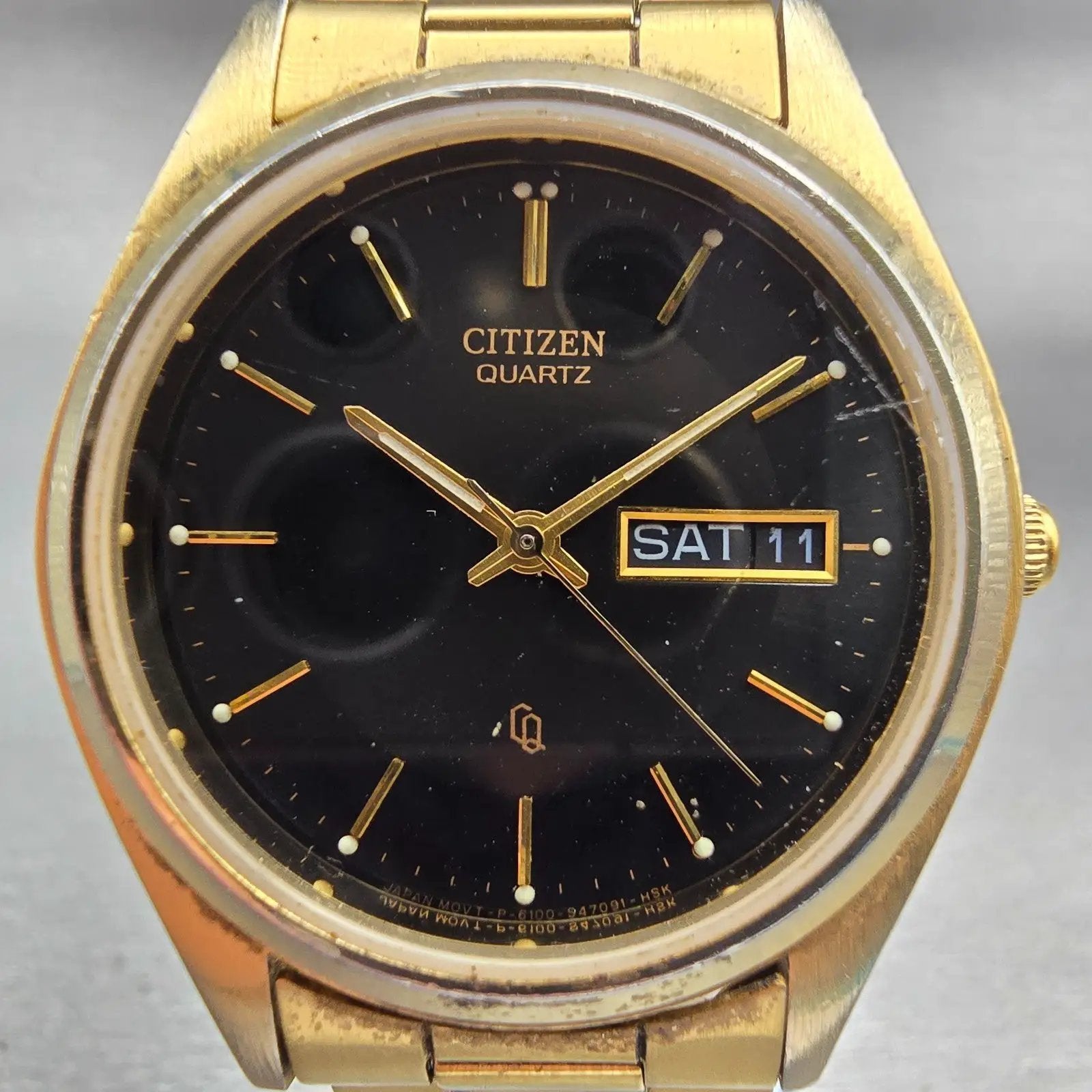 Citizen CQ Watch Men 35mm Black Dial Gold Tone Daydate 6100-S18591 New Battery1