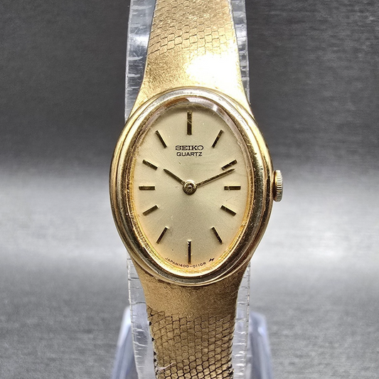 Seiko Watch Women 17mm Champagne Dial Gold Oval 1400-5089 New Battery VTG JP0