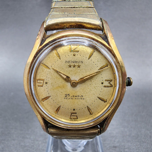Benrus Three Star Automatic 25 Jewels Watch Men 34mm Cream Dial Gold Tone PARTS