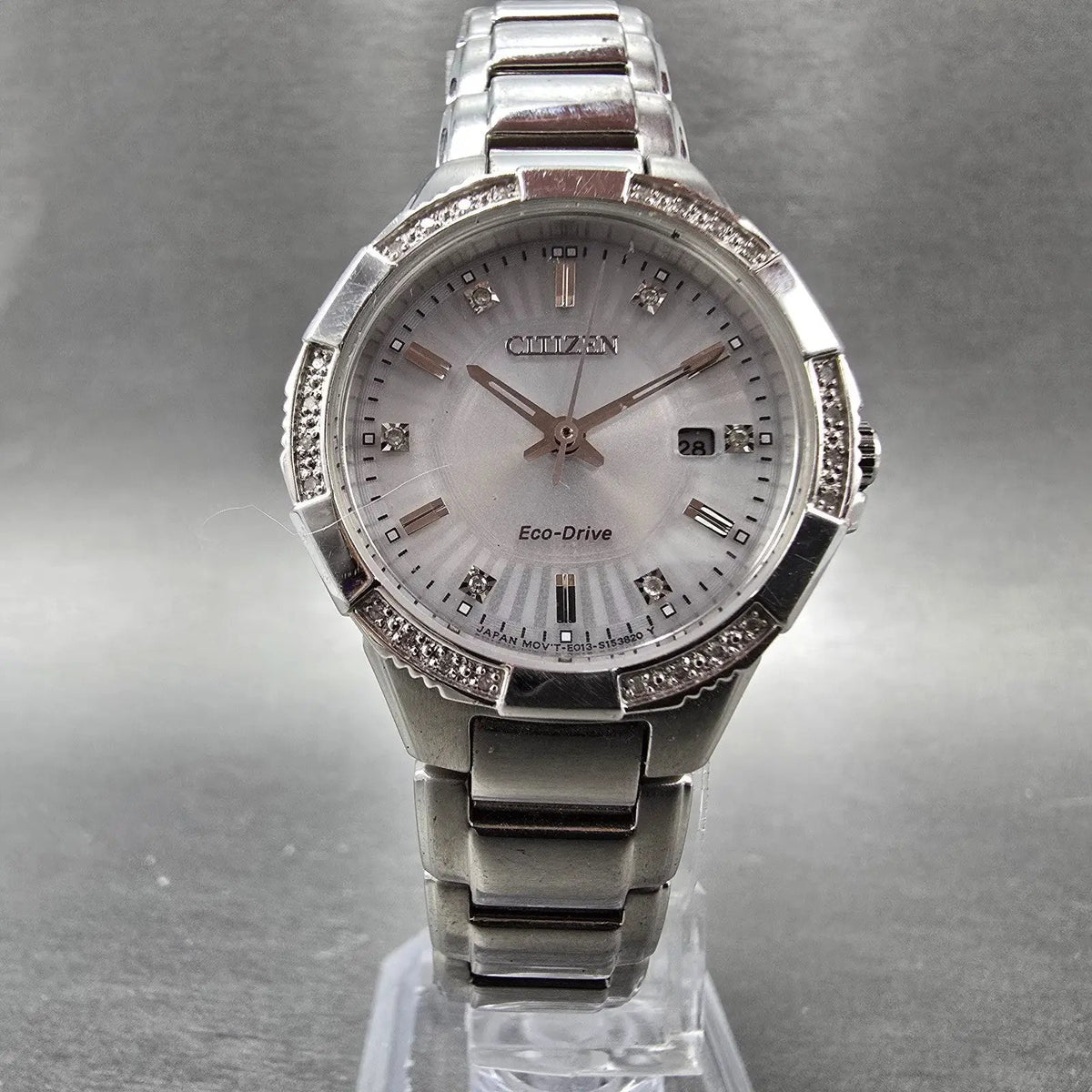 Citizen Eco-Drive Riva Watch Women 30mm Silver Dial Silver Date Diamonds Works5