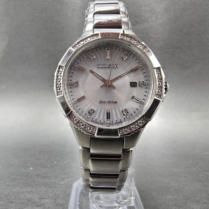 Citizen Eco-Drive Riva Watch Women 30mm Silver Dial Silver Date Diamonds Works5