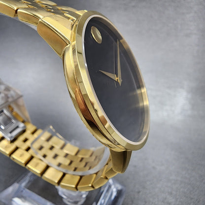 Movado Museum Watch Men 40mm Black Dial Gold Tone Round Bracelet Swiss 06072034
