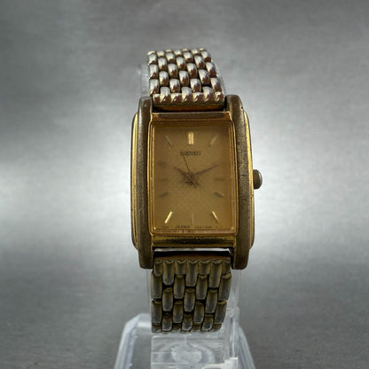Seiko Tank Watch Women 18mm Champagne Dial Gold Tone V401-5650 New Battery VB5