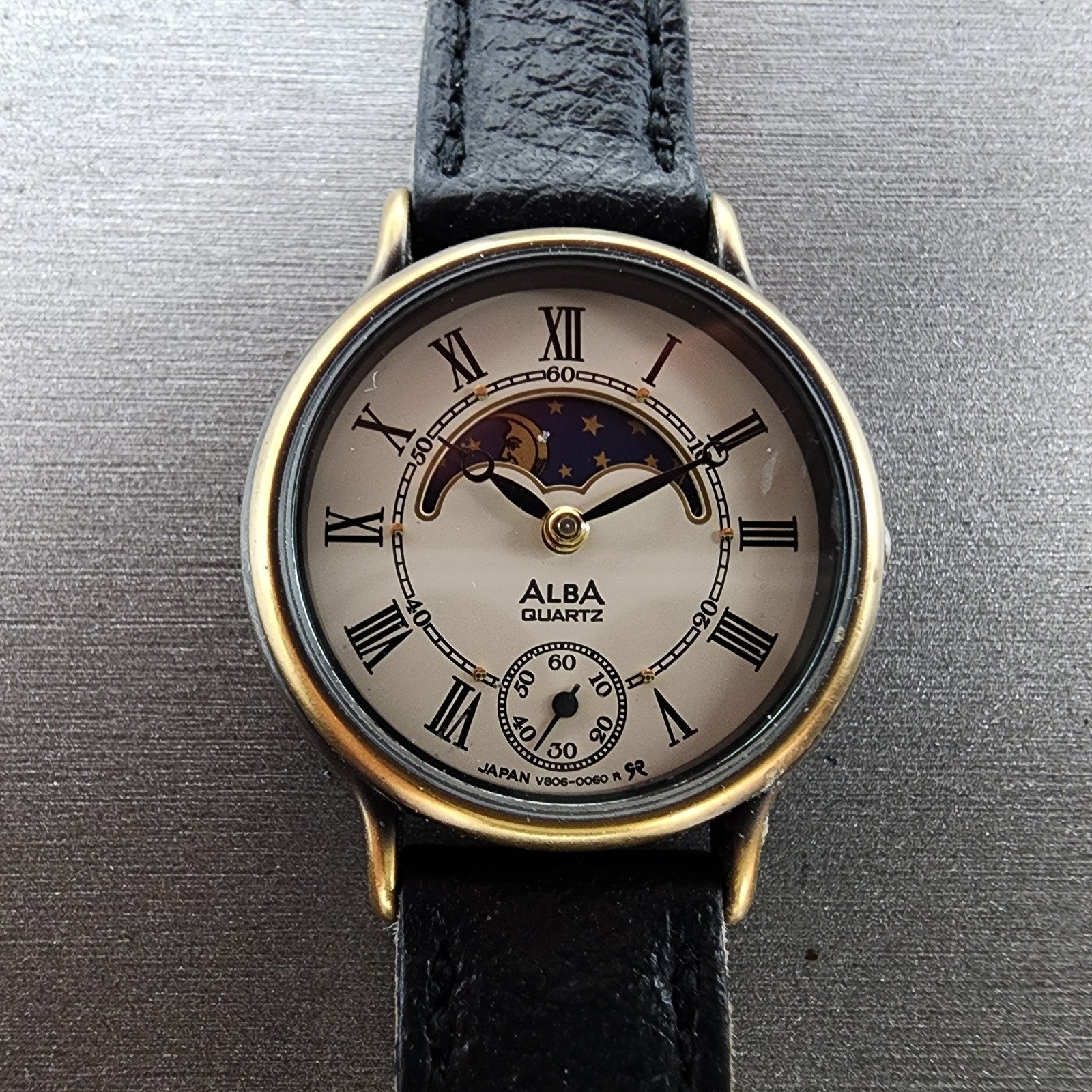 Seiko Alba Sun Moon Watch Women 25mm Cream Dial Gold Tone Date V8060060 NewBat1