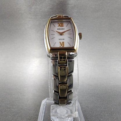 Seiko Solar Watch Women 18mm White Dial Two Tone Rectangle V115-0AA0 Works
