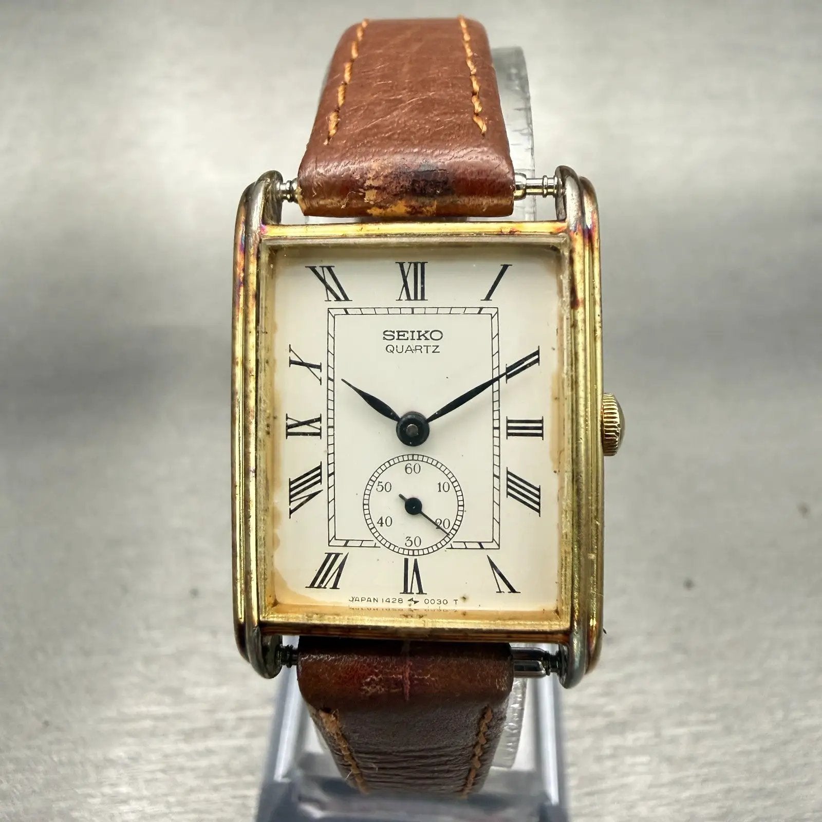 Seiko Watch Women 20mm White Dial Gold Tone Rectangle 1428-5020 New Battery VTG0