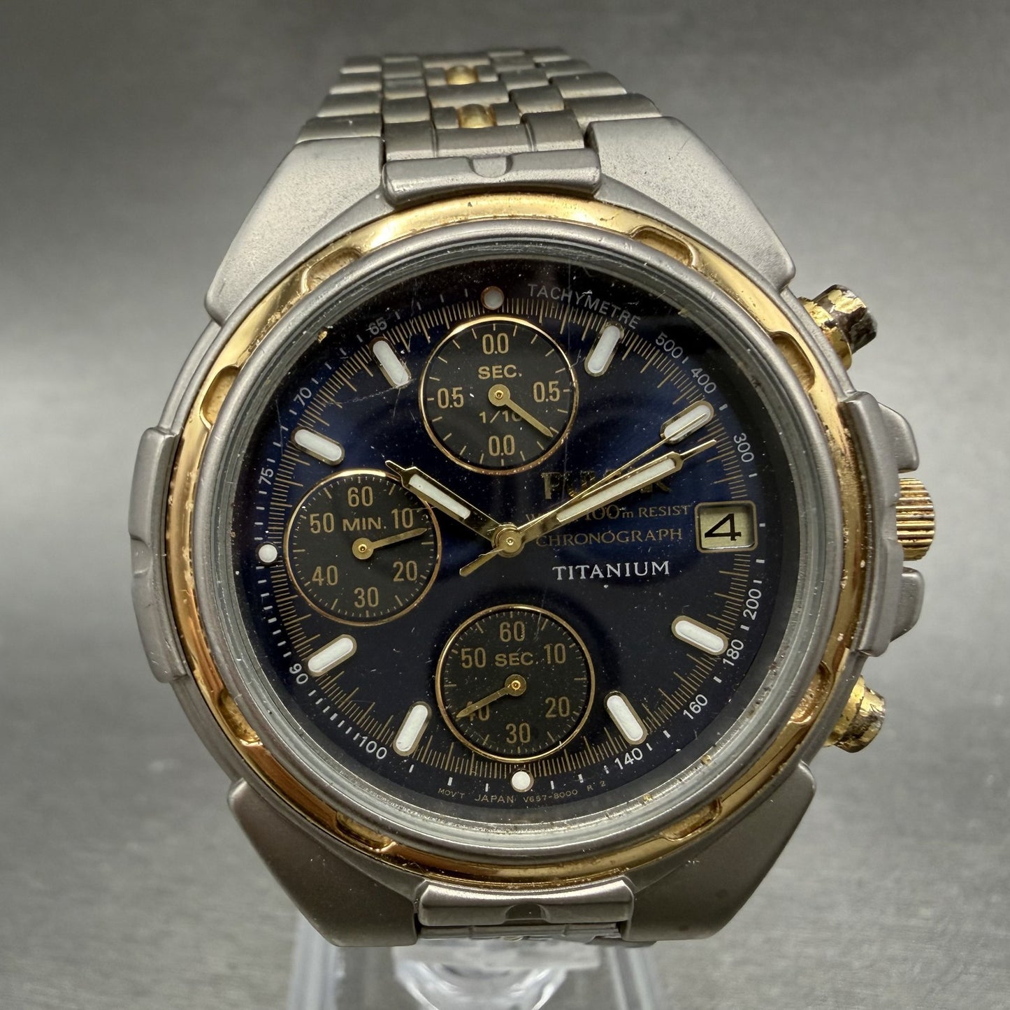 Pulsar Chronograph Watch Men 41mm Blue Dial Titanium Date V657-8000 PARTS0