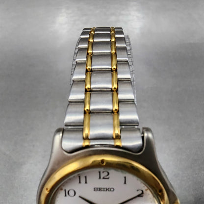Seiko Watch Women 28mm White Dial Two Tone Date Round 7N82-0790 New Battery