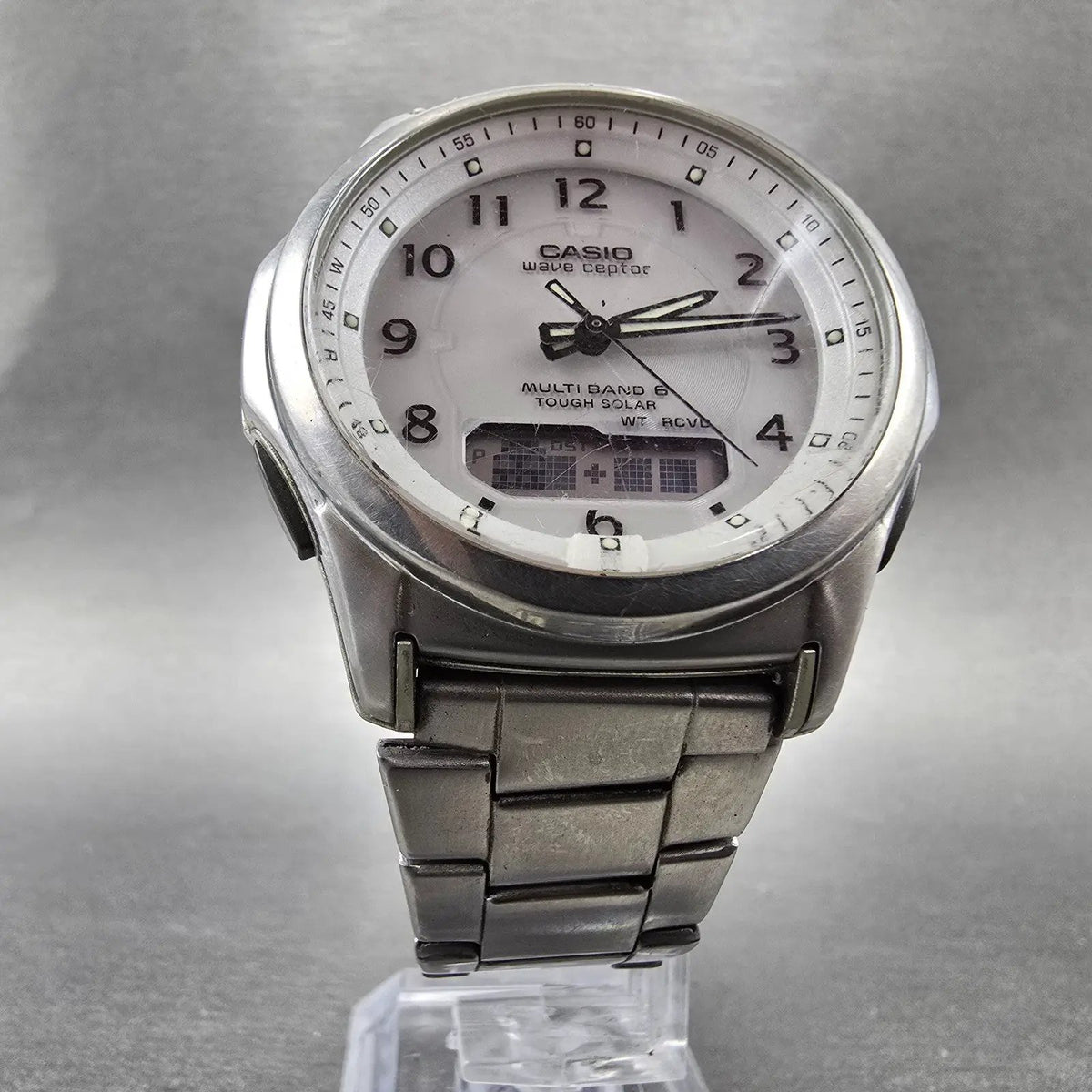 Casio Wave Ceptor Watch Men 42mm White Dial Steel Solar Analog Digital Works JP5