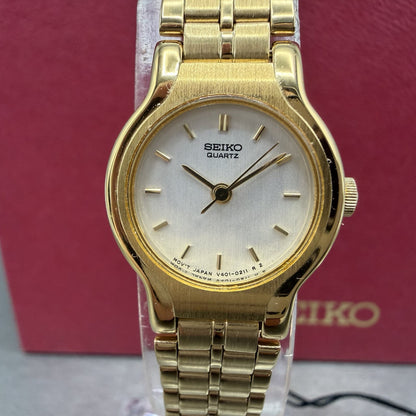 Seiko Watch Women 19mm White Dial Gold Tone Round V4010099 New Batt NOS W/Box1
