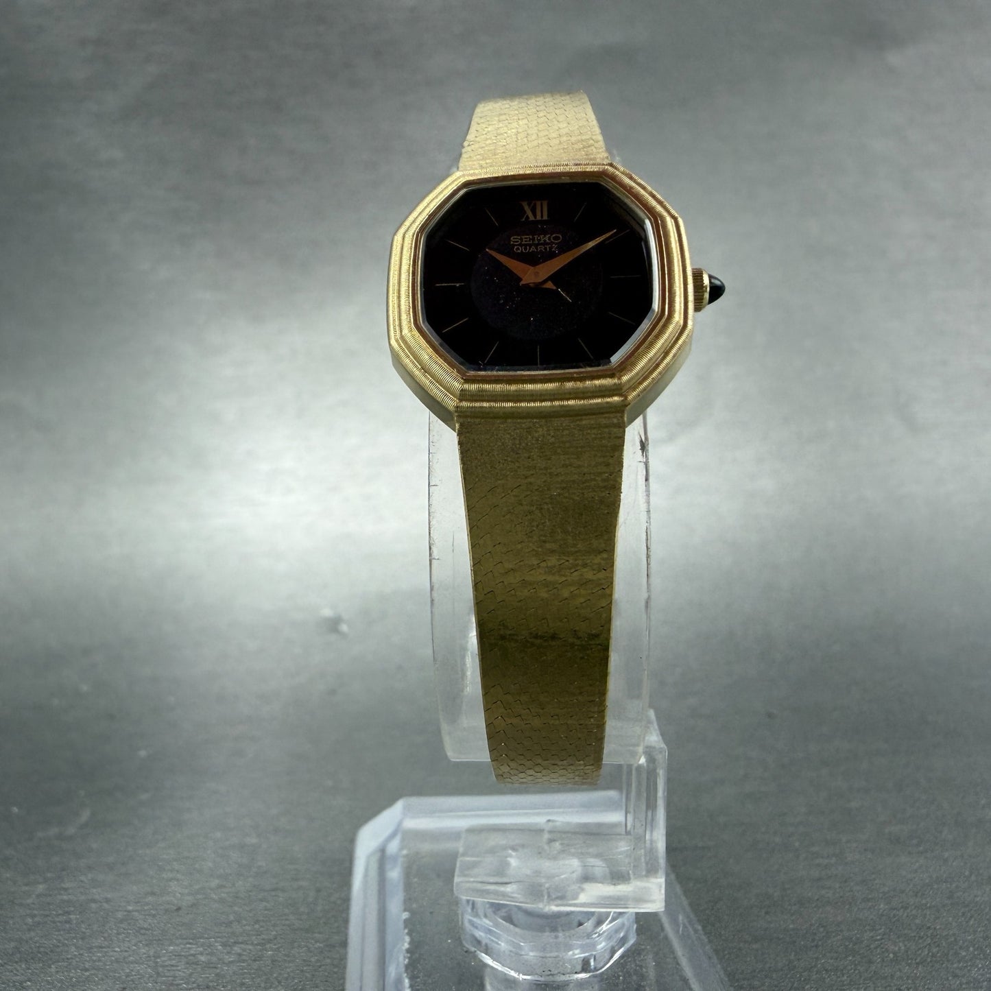 Seiko Watch Women 21mm Black Dial Gold Tone Octagon 2320-6110 New Battery VTG5