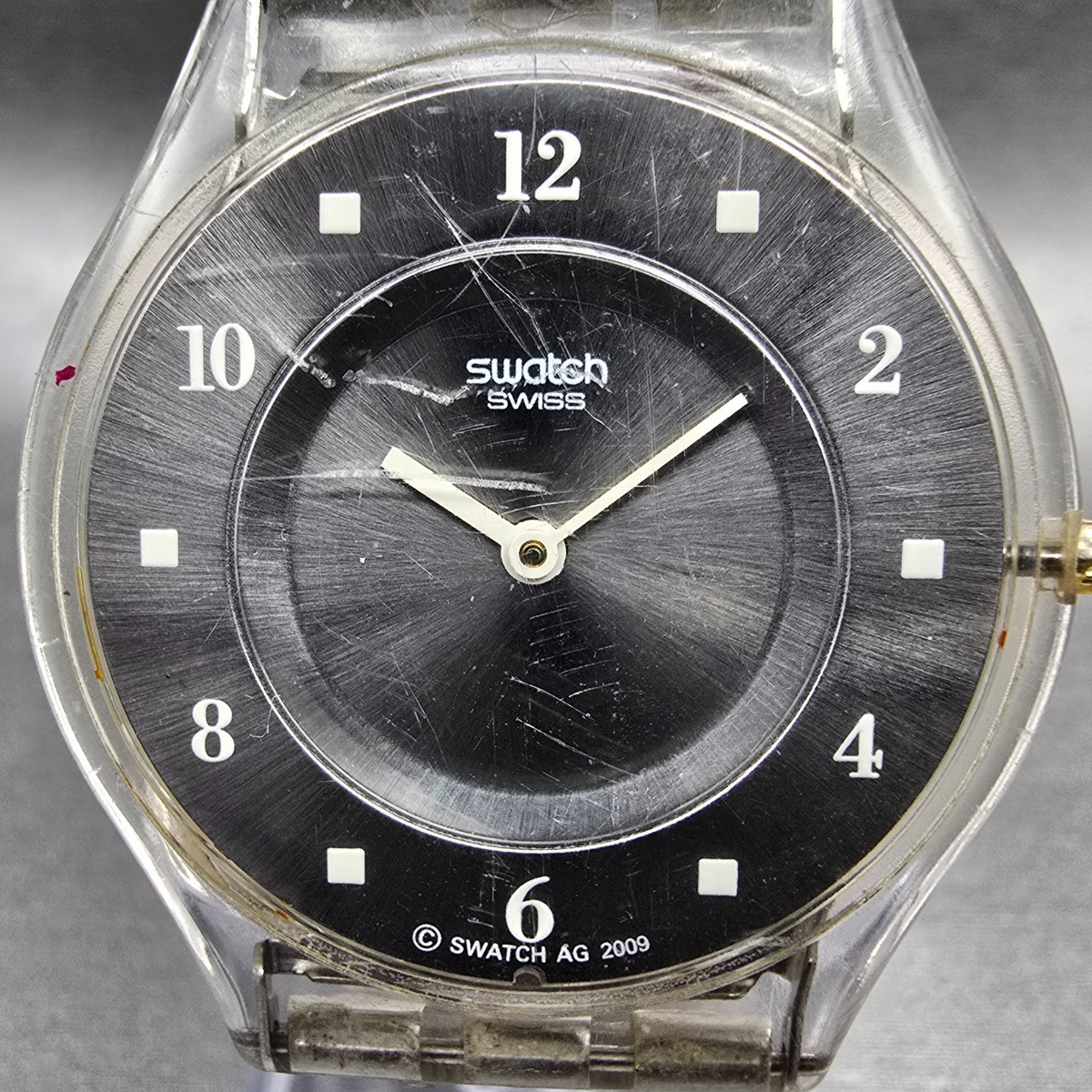 Swatch Elegantly Framed Watch Women 34mm Silver Dial Clear Case SFK356G New Batt1