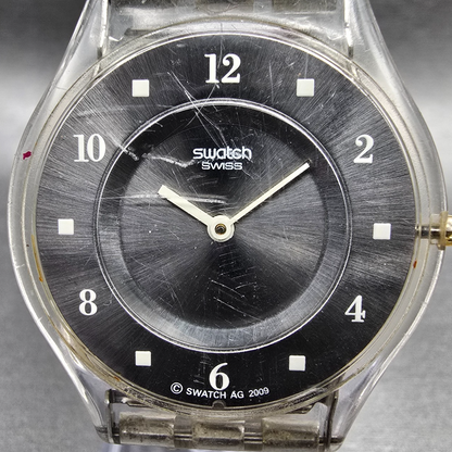 Swatch Elegantly Framed Watch Women 34mm Silver Dial Clear Case SFK356G New Batt1