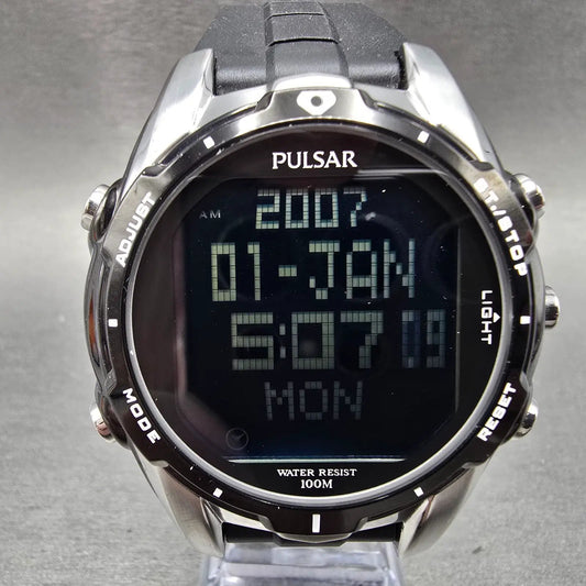 Pulsar Digital Watch Men 45mm Black Dial Two Tone Chrono Alarm W861-X002 NewBatt0