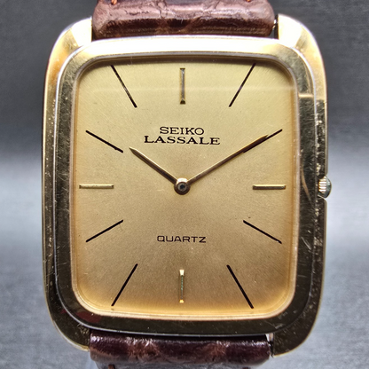 Seiko Lassale Watch Men 27mm Gold Dial Gold Tone Rectangle 9300-5008 New Battery1