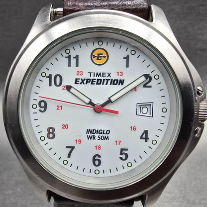 Timex Expedition Watch Men 39mm White Dial Silver Tone Date Round New Battery 891