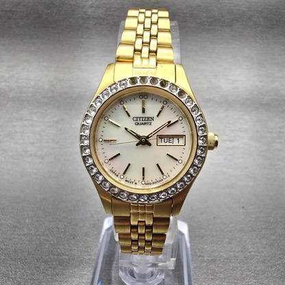 Citizen Watch Women 26mm MOP Dial Gold Tone Daydate Gemmed 1002-S044456 New Batt0
