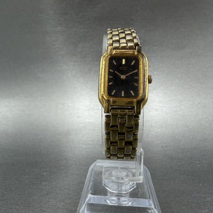 Seiko Tank Watch Women 17mm Black Dial Gold Tone Rectangle V400-5498 New Batt HJ5