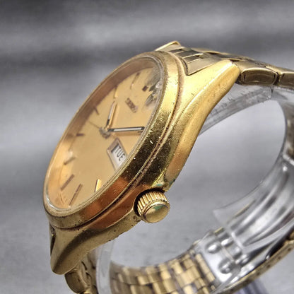Seiko Watch Men 37mm Gold Dial Gold Tone Daydate Round 7N43-9048 New Battery VTG2