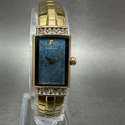 Seiko Lassale Tank Watch Women 13mm Blue Dial Gold Tone 2E206899 New Battery0