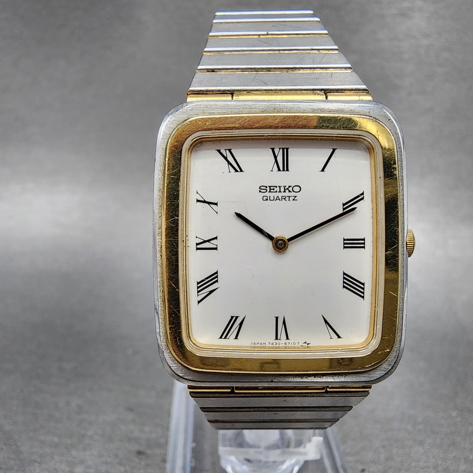 Seiko Tank Watch Men 27mm White Dial Two Tone Rectangle 74305450 New Battery0