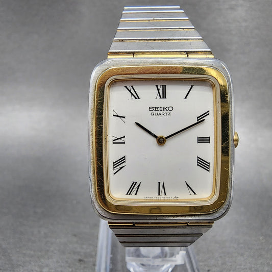 Seiko Tank Watch Men 27mm White Dial Two Tone Rectangle 74305450 New Battery0