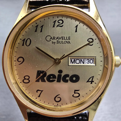 Bulova Caravelle Watch Men 33mm Gold Dial Gold Tone Daydate 42C74 New Battery1