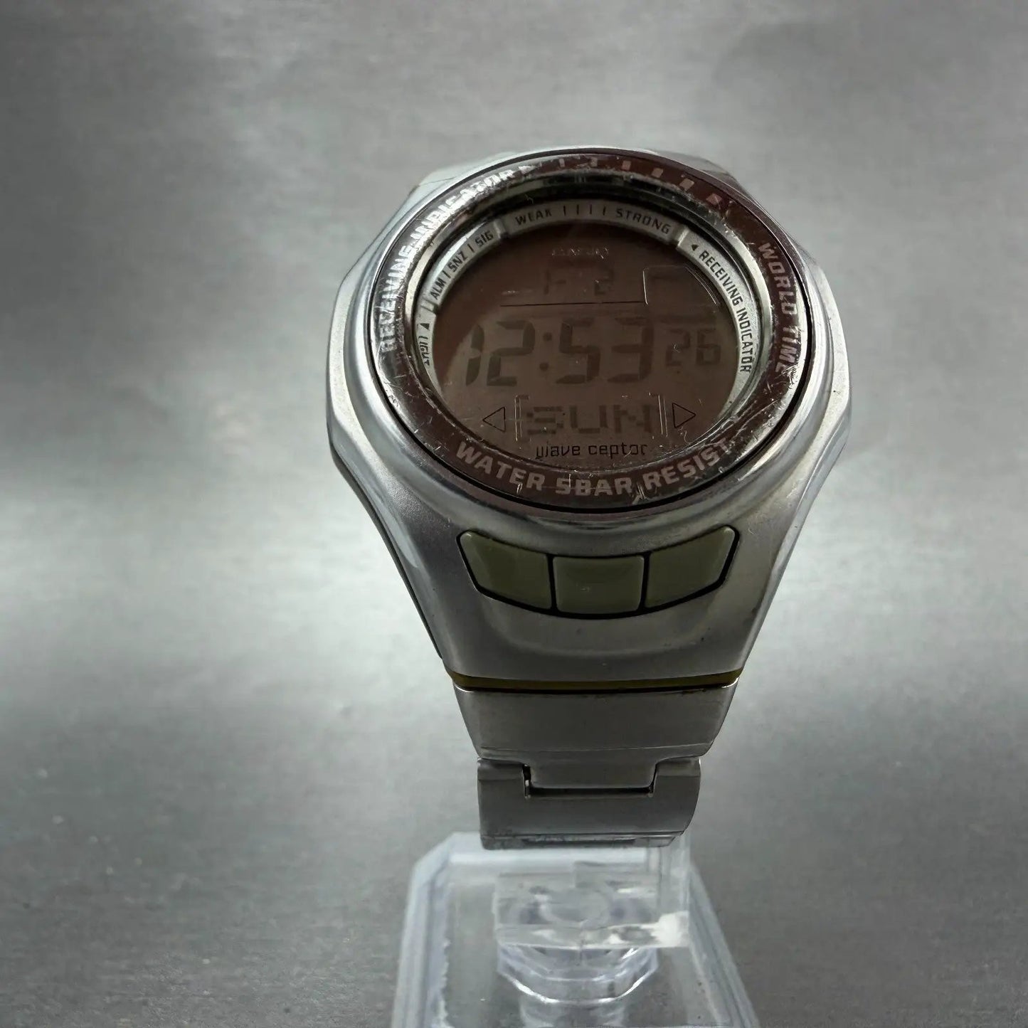 Casio Wave Ceptor Watch Women 37mm Silver Alarm Chronograph Digital New Battery5