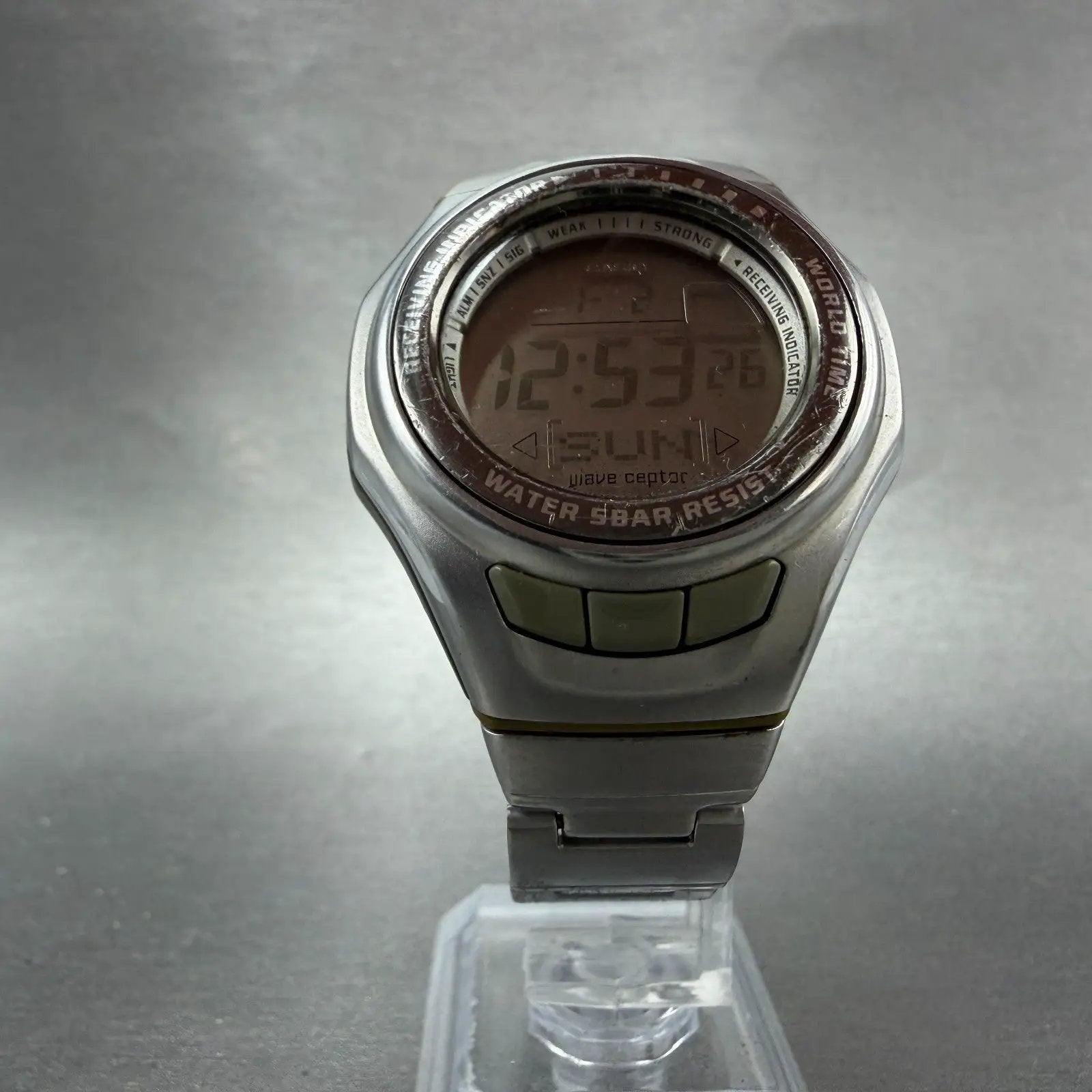Casio Wave Ceptor Watch Women 37mm Silver Alarm Chronograph Digital New Battery5