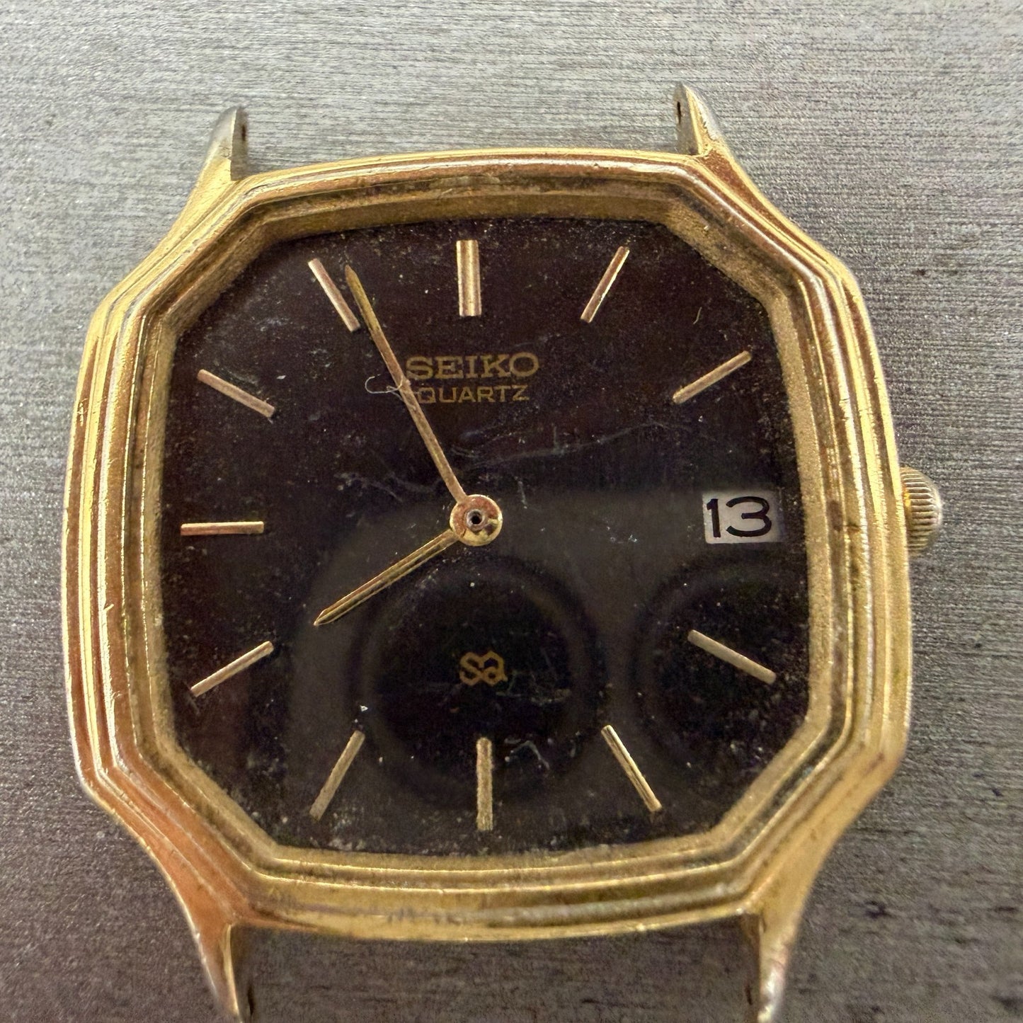 Seiko SQ Watch Men 31mm Black Dial Gold Tone Octagon Date 8222 PARTS Vintage2