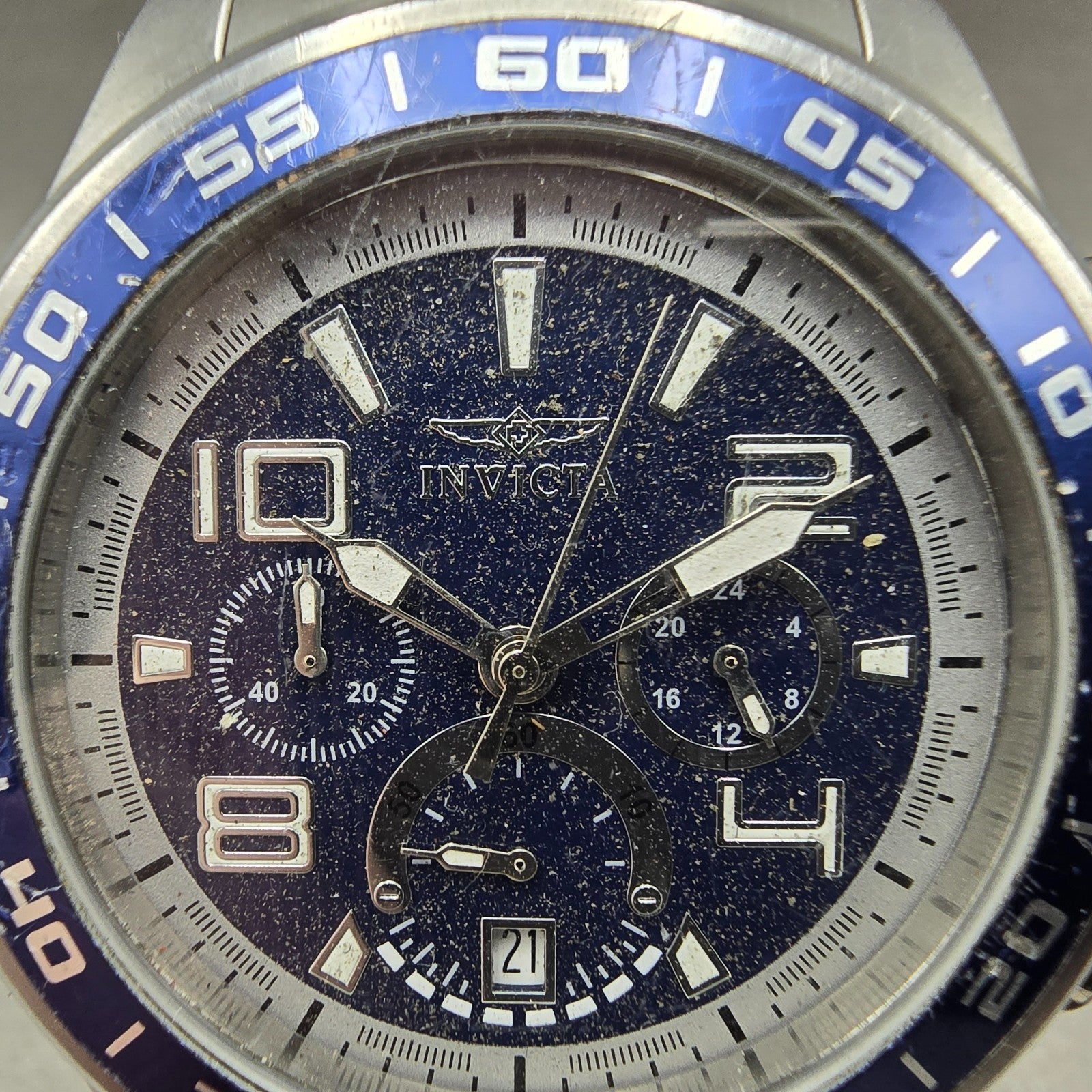 Invicta Chronograph Watch Men 45mm Blue Dial Silver Tone Date Round 14332 PARTS2