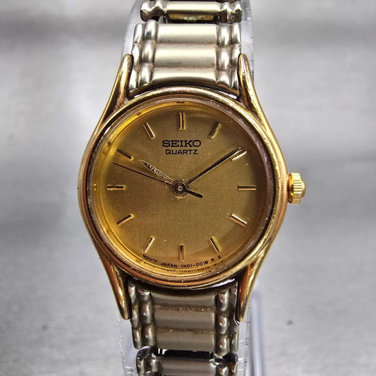 Seiko Watch Women 20mm Gold Dial Gold Tone Round 1N01-0E19 New Battery Vintage d0
