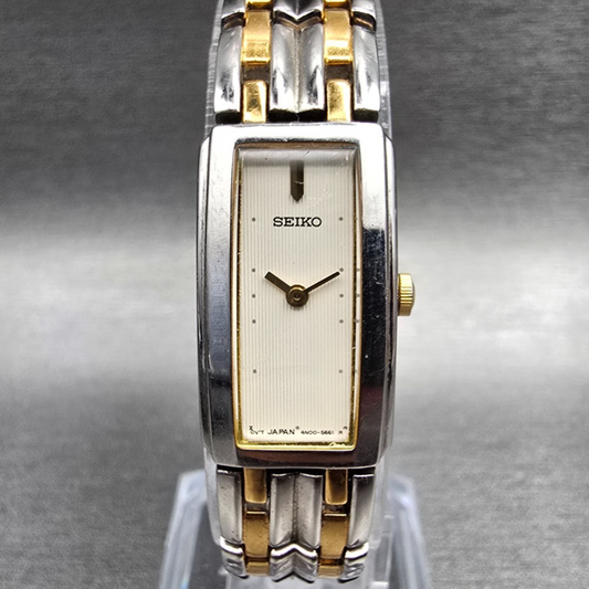 Seiko Watch Women 15mm White Dial Two Tone Rectangle 4N00-7089 New Battery0