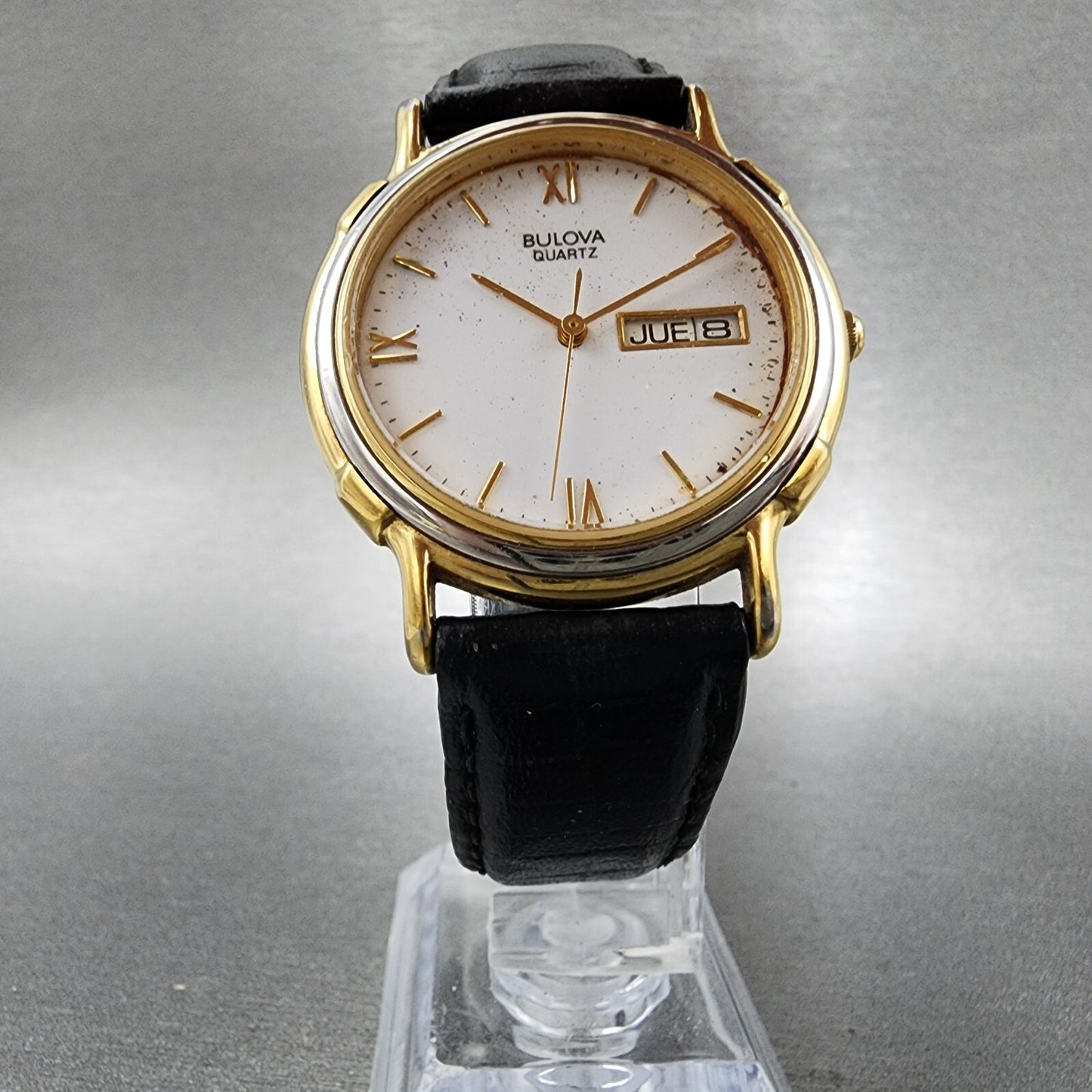 Bulova Watch Men 35mm White Dial Gold Tone Daydate Round 98C01 VTG New Battery5