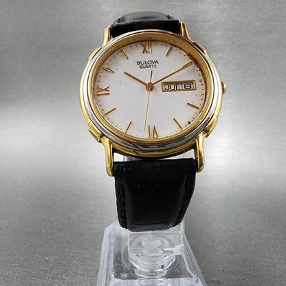 Bulova Watch Men 35mm White Dial Gold Tone Daydate Round 98C01 VTG New Battery5